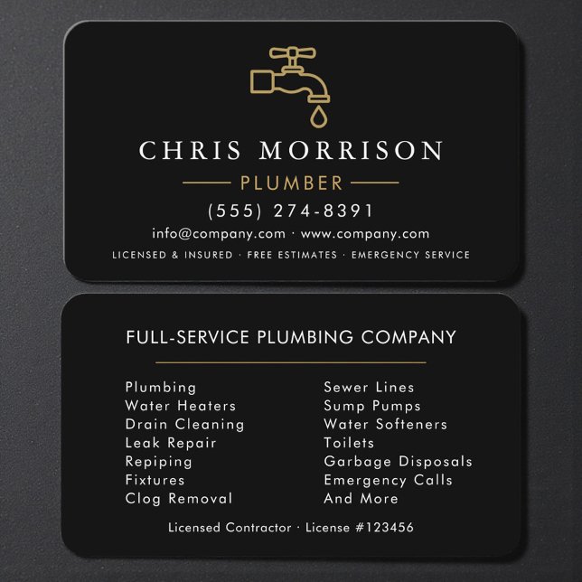 Professional Plumbing Service Black Gold Business Card (Creator Uploaded)