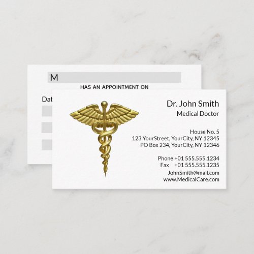 Professional Precious Medical Gold Caduceus Appointment Card