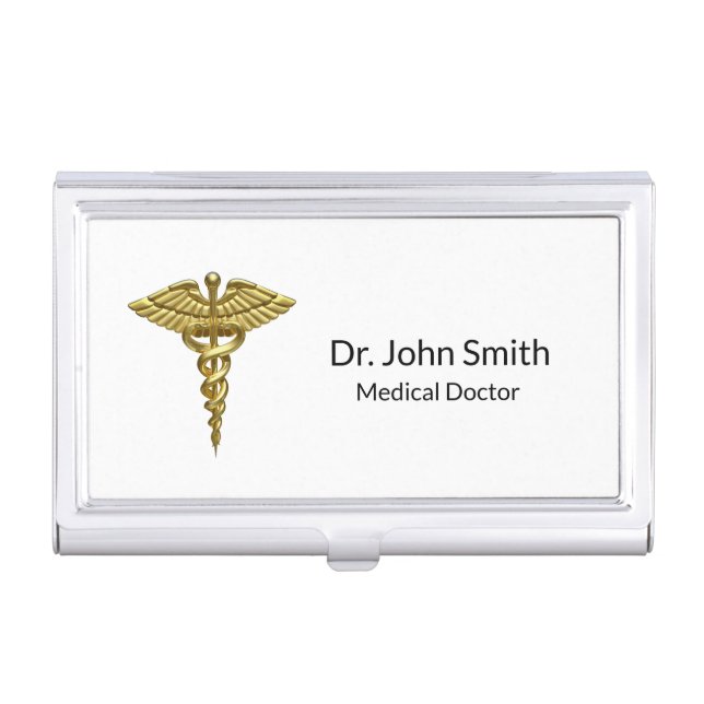 Professional Precious Medical Gold Caduceus Business Card Case (Front)