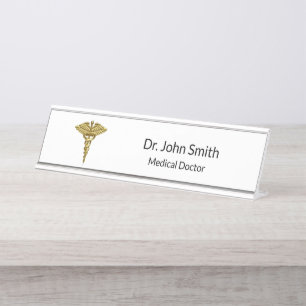 Professional Precious Medical Gold Caduceus Desk Name Plate
