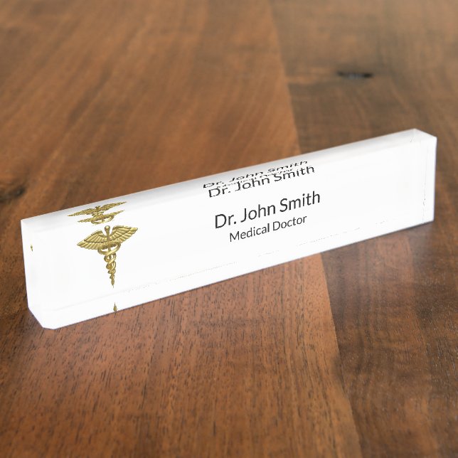 Professional Precious Medical Gold Caduceus Desk Name Plate (Side)