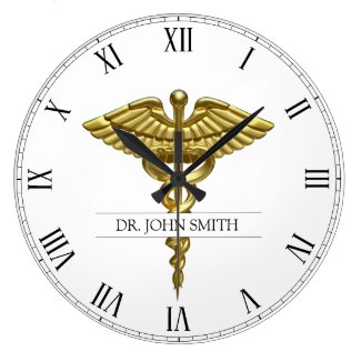 Professional Precious Medical Gold Caduceus Large Clock