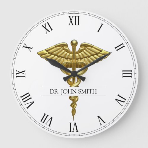 Professional Precious Medical Gold Caduceus Large Clock