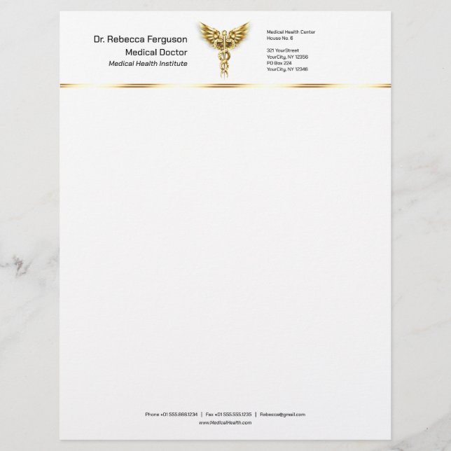 Professional Precious Medical Gold Caduceus Letterhead (Front)