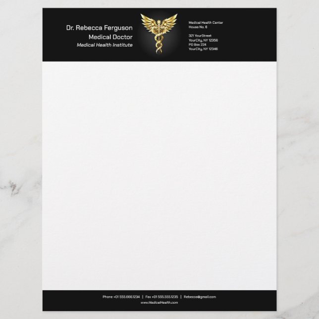 Professional Precious Medical Gold Caduceus Letterhead (Front)