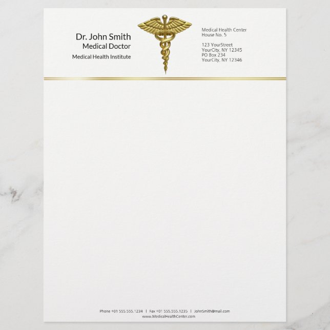 Professional Precious Medical Gold Caduceus Letterhead (Front)