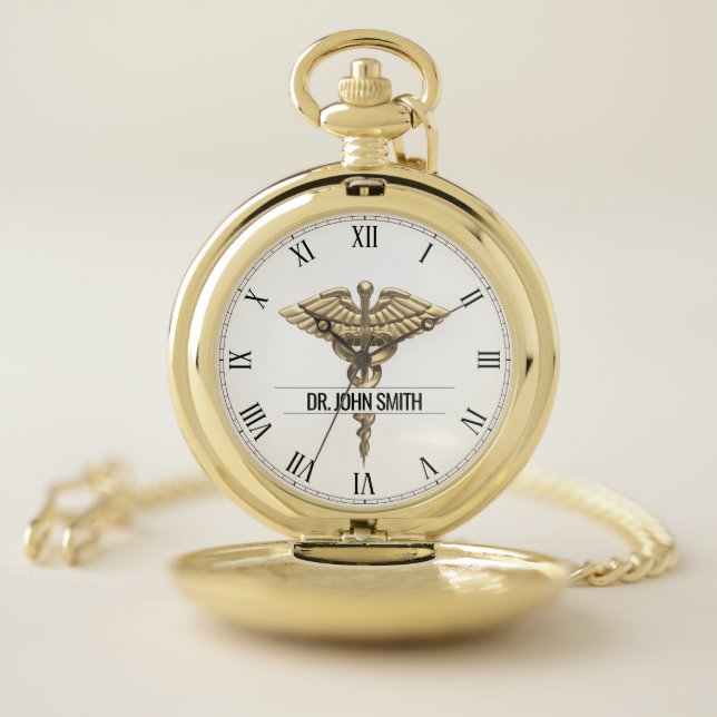 Professional Precious Medical Gold Caduceus Name Pocket Watch (Inside)