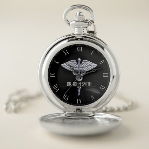 Professional Precious Medical Silver Caduceus Name Pocket Watch