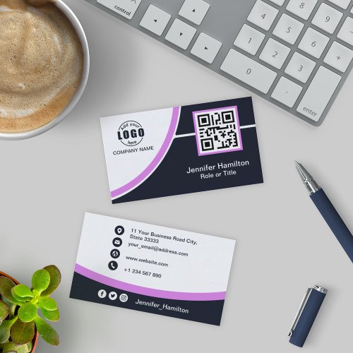 Professional Purple add your Logo QR Code Business Card