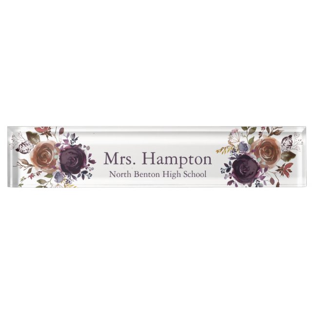Professional Purple and Gold Floral Teacher Desk Name Plate (Front)
