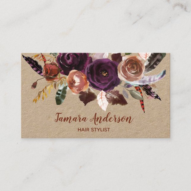 Professional Purple Copper Floral Hairstylist Business Card (Front)