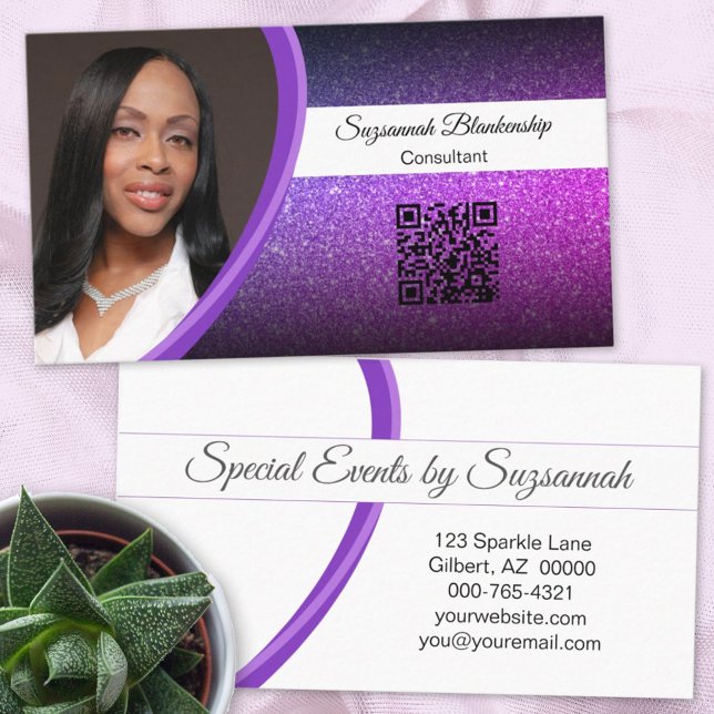 Professional Purple Glitter Custom Photo QR Code Business Card (Creator Uploaded)
