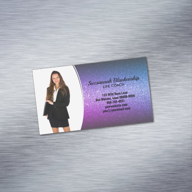 Professional Purple Ombre Glitter Custom Photo Business Card Magnet (In Situ)