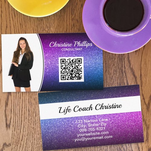 Professional Purple Ombre Glitter Custom Photo QR Business Card