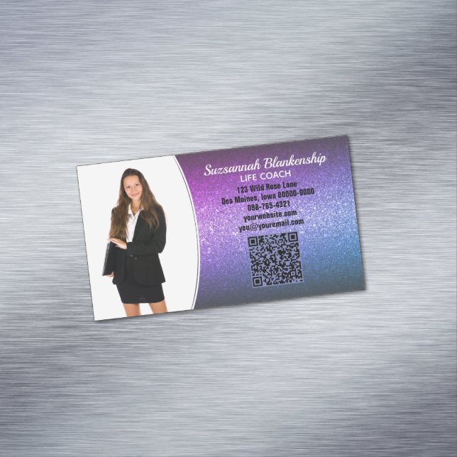 Professional Purple Ombre Glitter Custom Photo QR  Business Card Magnet (In Situ)