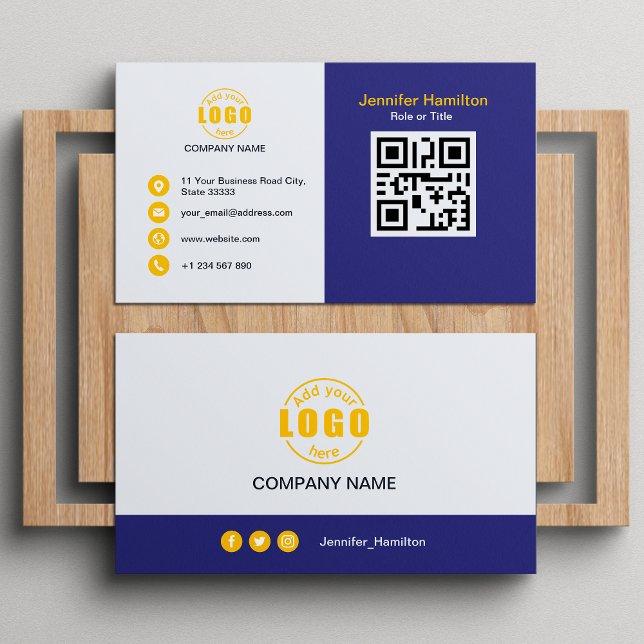 Professional Purple Yellow add your Logo QR Code Business Card (Creator Uploaded)