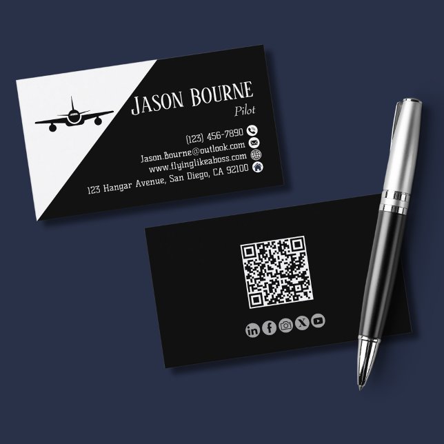 Professional QR Code Aviation Employee Black White Business Card (Creator Uploaded)