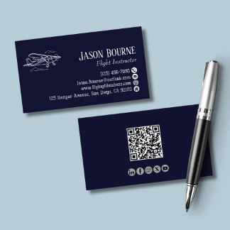 Professional QR Code Aviation Employee Navy Blue Business Card