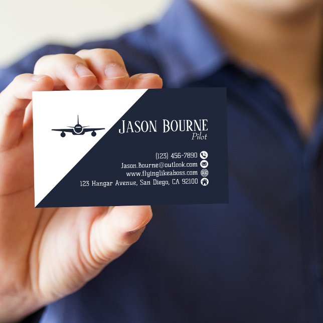 Professional QR Code Aviation Navy Blue Minimalist Business Card (Creator Uploaded)