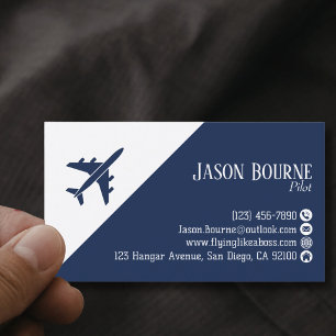 Professional QR Code Aviation Navy Blue White Business Card