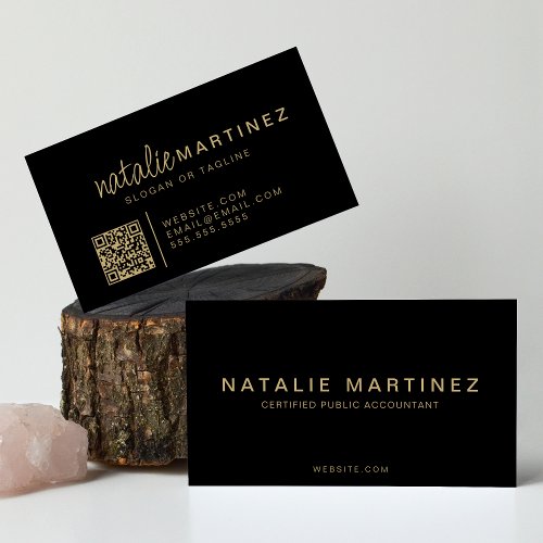 Professional QR Code Elegant Black And Gold Script Business Card