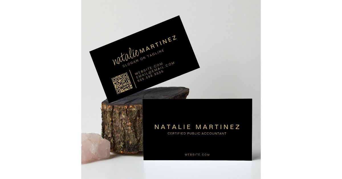 Professional QR Code Elegant Black And Gold Script Business Card | Zazzle