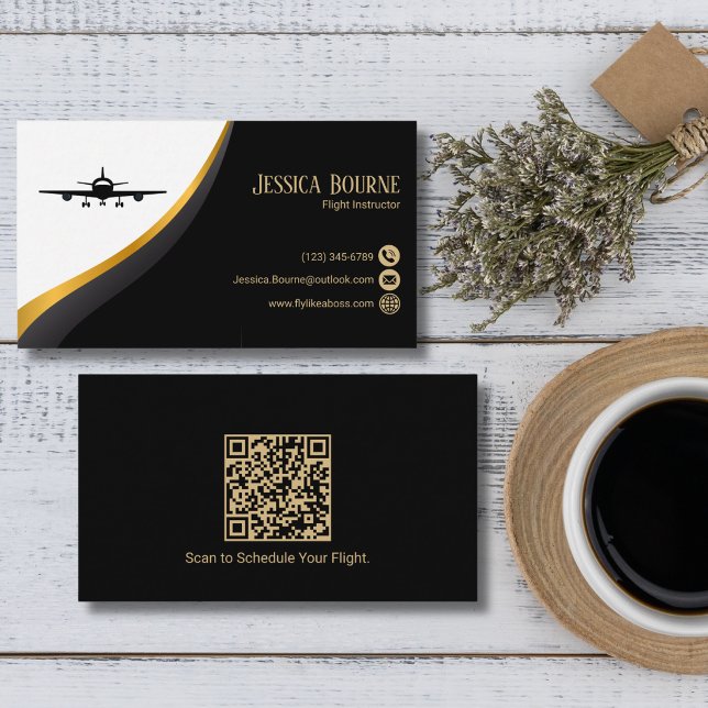 Professional QR Code Elegant Black Gold Aviation Business Card (Creator Uploaded)