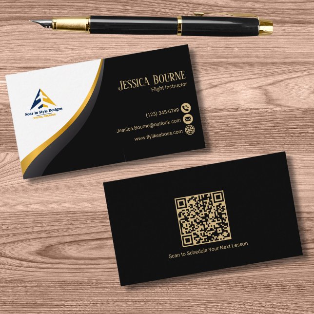Professional QR Code Elegant Black Gold Pilot Business Card (Creator Uploaded)
