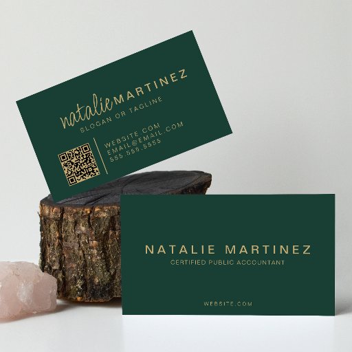 Customizable Professional QR Code Emerald Green Gold Script Business Card
