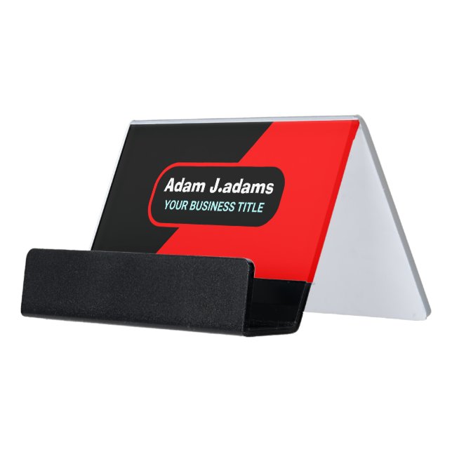 Professional (QR Code) Modern Bright Red & Black Desk Business Card Holder (Angled Front)