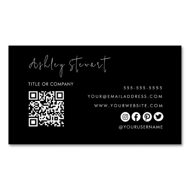 Professional Qr Code Modern Minimalist Black Business Card Magnet (Front)