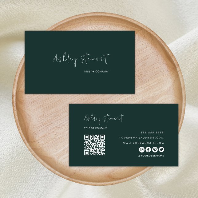 Professional Qr Code Modern Minimalist Dark Green Business Card (Creator Uploaded)