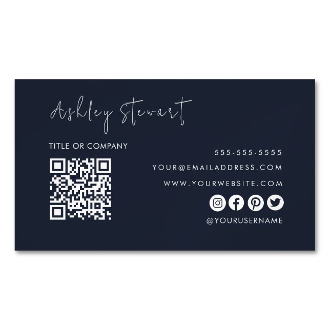 Professional Qr Code Modern Minimalist Navy Blue Business Card Magnet (Front)