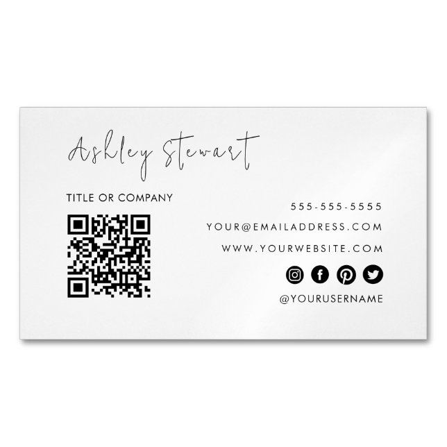 Professional Qr Code Modern Minimalist White Business Card Magnet (Front)