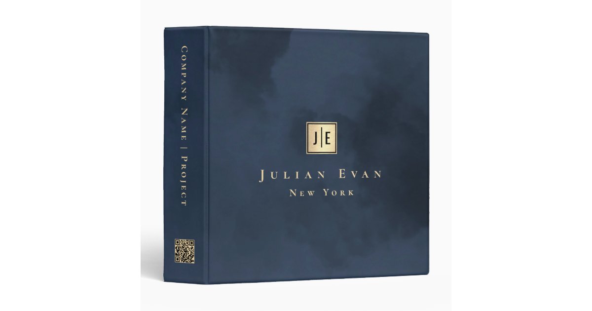 Professional Qr code Monogram Navy Blue and Gold 3 Ring Binder | Zazzle