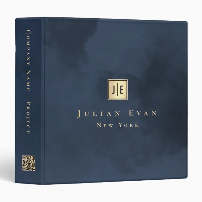 Professional Qr code Monogram Navy Blue and Gold  3 Ring Binder (Front/Spine)
