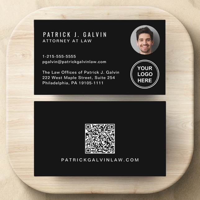 Professional QR Code Photo Logo Black Business Card (Make a lasting impression with this modern business card featuring your photo, logo and QR code)
