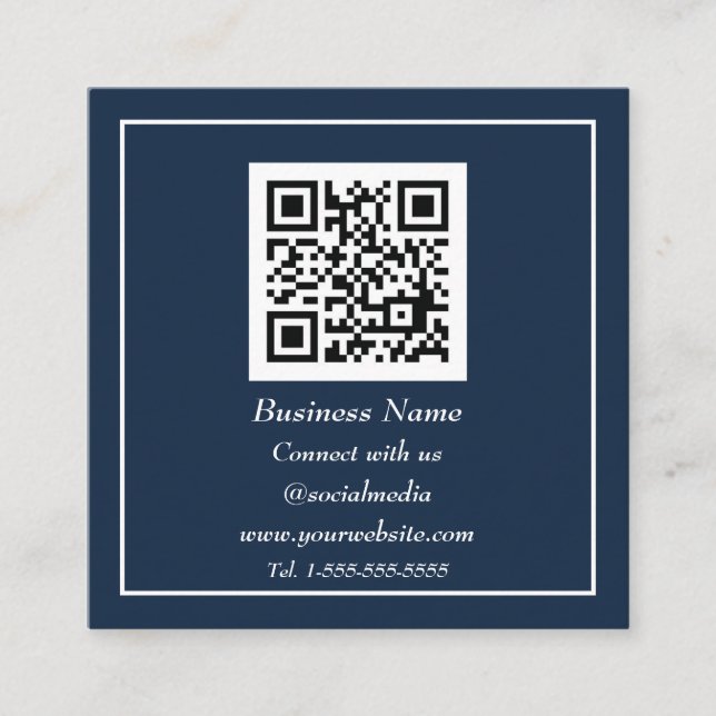 Professional QR Code Scannable Navy Blue  Square Business Card (Front)