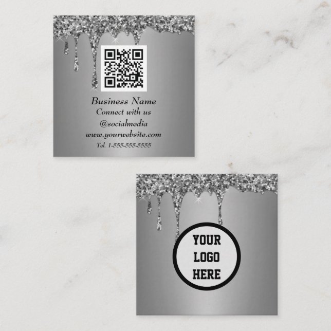 Professional QR Code Scannable Silver Glitter Drip Square Business Card (Front/Back)
