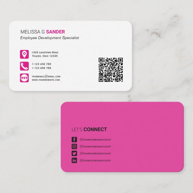 Professional QR code social media hot pink Busines Business Card (Front/Back)