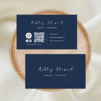 Professional Qr Code Social Media Navy Blue Business Card