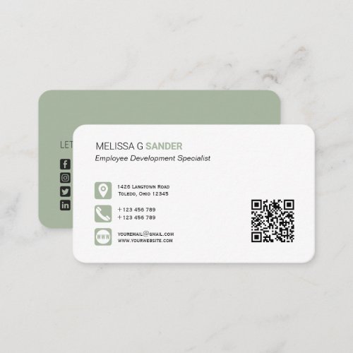 Professional QR code social media sage green Busin Business Card