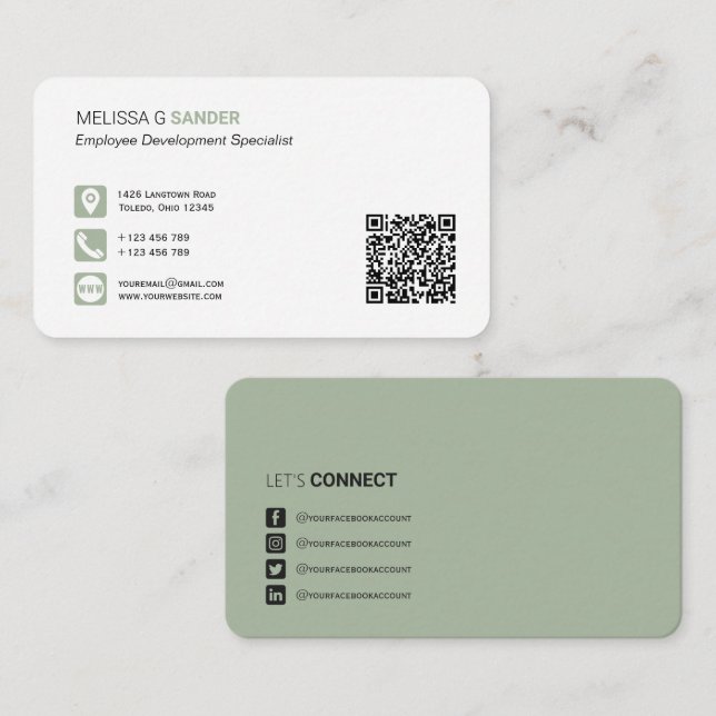 Professional QR code social media sage green Busin Business Card (Front/Back)