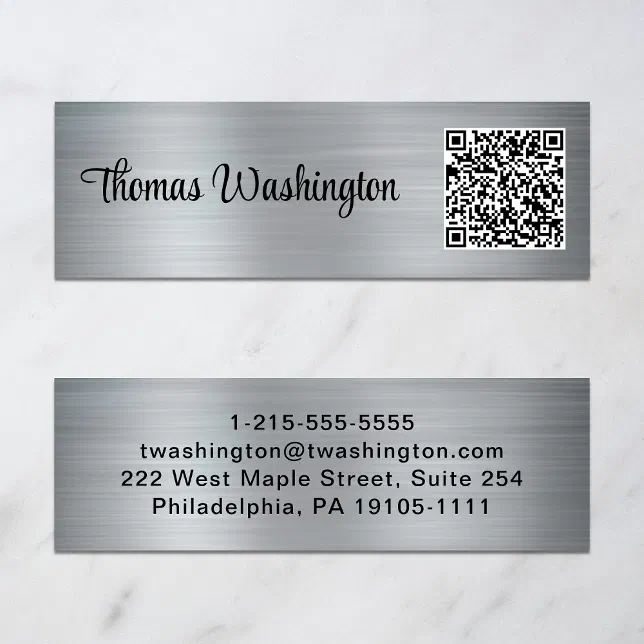 Silver Qr Code Professional QR Code Stylish Script Silver Mini Business Card | Zazzle