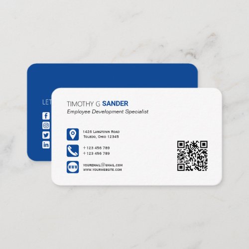 Professional QR code with social media icon blue B Business Card
