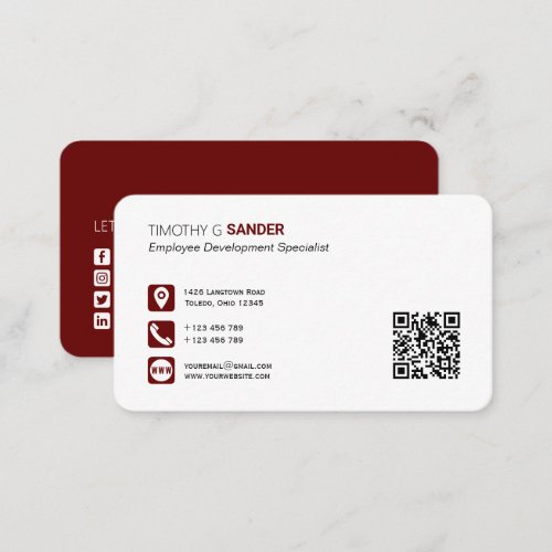 Professional QR code with social media icon maroon Business Card