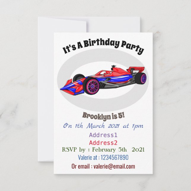Professional racing car cartoon illustration invitation (Front)