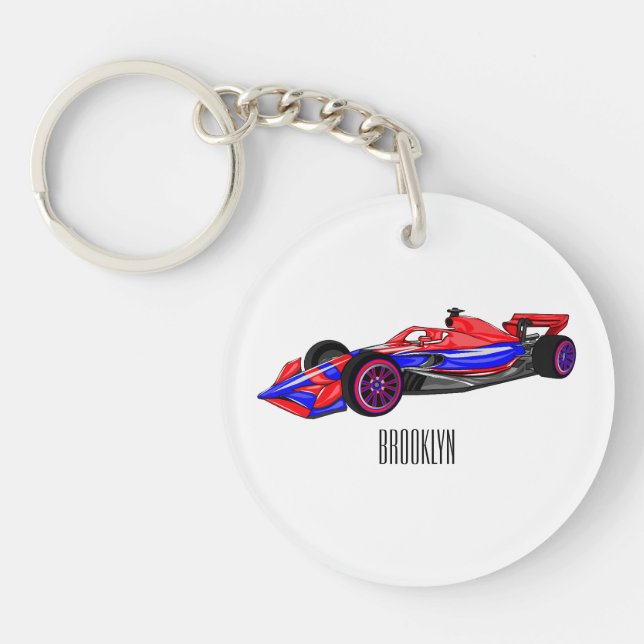 Professional racing car cartoon illustration keychain (Front)