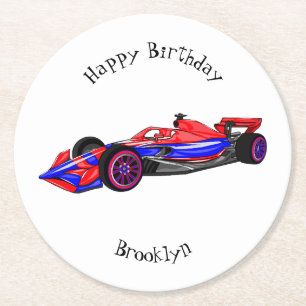 Professional racing car cartoon illustration round paper coaster