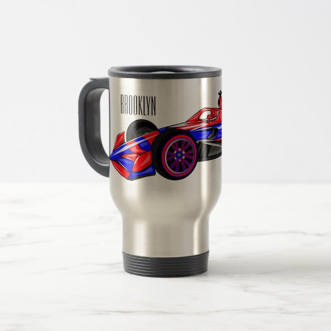 Professional racing car cartoon illustration travel mug (Front Left)